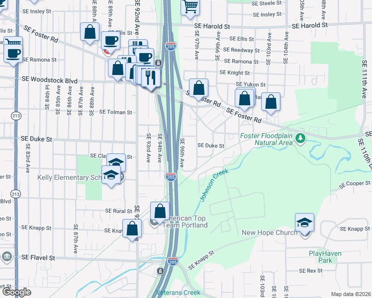map of restaurants, bars, coffee shops, grocery stores, and more near 6524 Southeast 96th Avenue in Portland