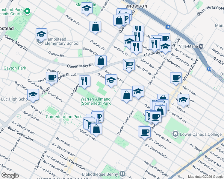 map of restaurants, bars, coffee shops, grocery stores, and more near 5851 Avenue Somerled in Montréal