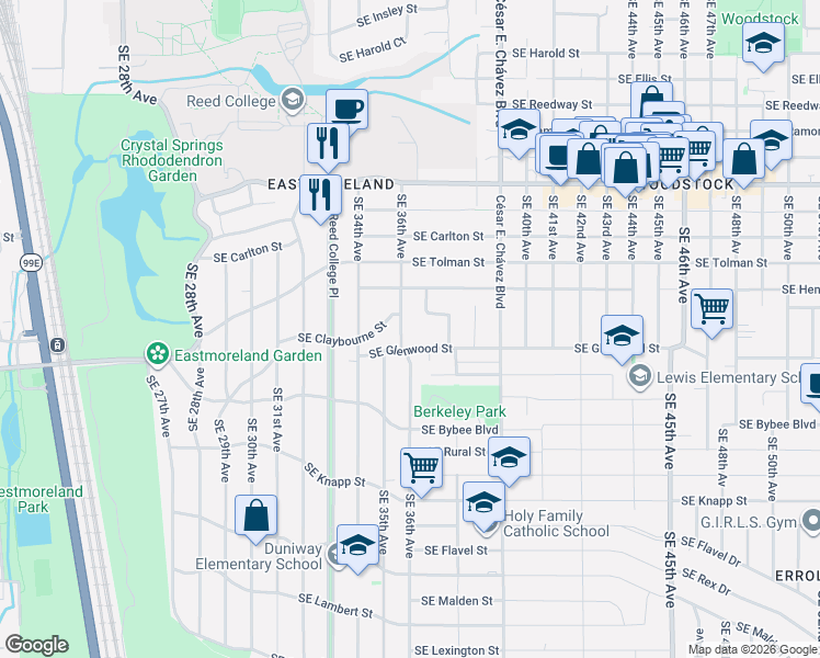 map of restaurants, bars, coffee shops, grocery stores, and more near 6544 Southeast 36th Avenue in Portland