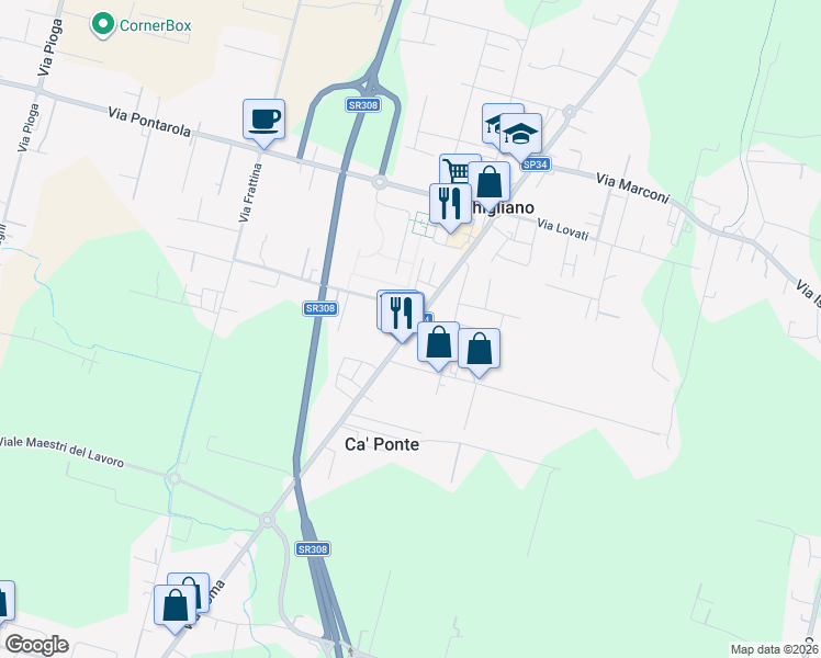 map of restaurants, bars, coffee shops, grocery stores, and more near 25 Via Bassa I in Campodarsego