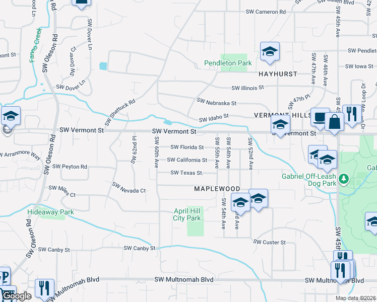 map of restaurants, bars, coffee shops, grocery stores, and more near 5726 Southwest Florida Street in Portland