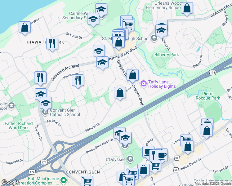 map of restaurants, bars, coffee shops, grocery stores, and more near 1186 Priory Lane in Ottawa