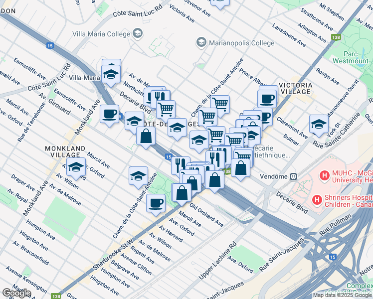 map of restaurants, bars, coffee shops, grocery stores, and more near 3615 Avenue Prud'homme in Montreal