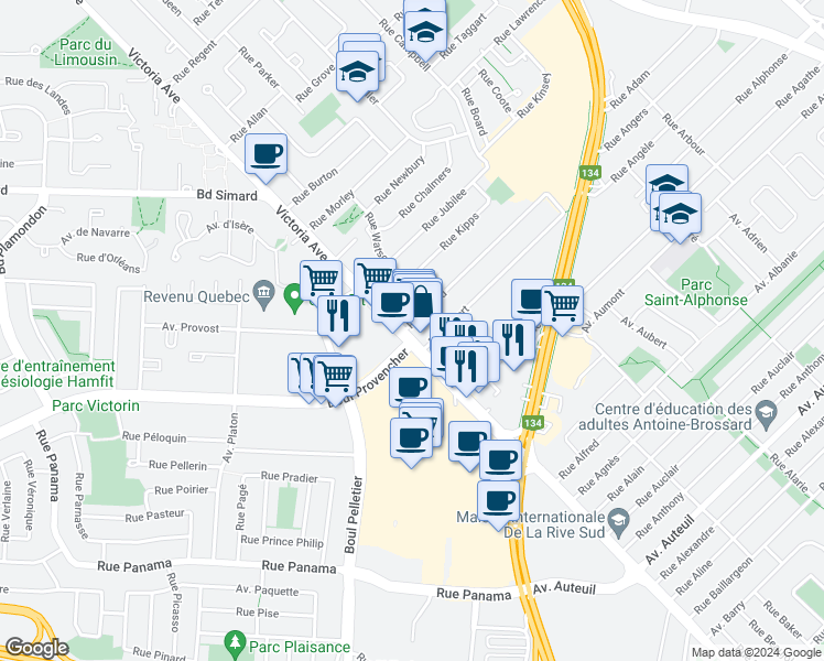 map of restaurants, bars, coffee shops, grocery stores, and more near 2151 Boulevard Lapinière in Brossard
