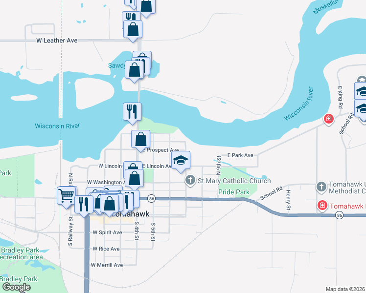 map of restaurants, bars, coffee shops, grocery stores, and more near 215 East Prospect Avenue in Tomahawk