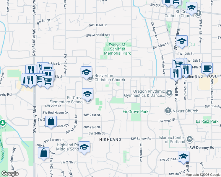 map of restaurants, bars, coffee shops, grocery stores, and more near 6197 Southwest Valley Avenue in Beaverton