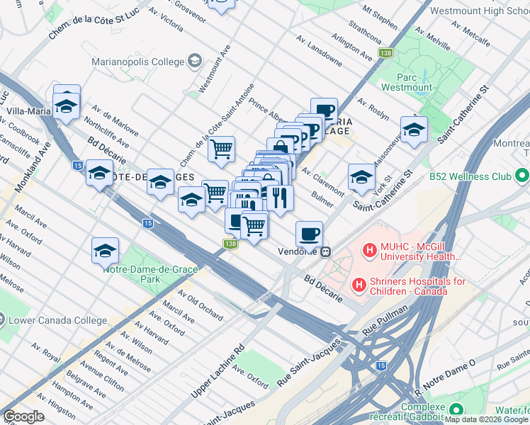 map of restaurants, bars, coffee shops, grocery stores, and more near 2147 Avenue de Marlowe in Montréal