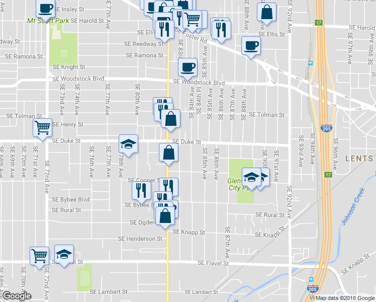 map of restaurants, bars, coffee shops, grocery stores, and more near 6523 Southeast 84th Avenue in Portland