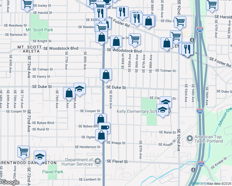 map of restaurants, bars, coffee shops, grocery stores, and more near 6523 Southeast 84th Avenue in Portland