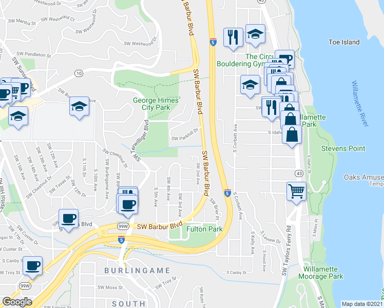 map of restaurants, bars, coffee shops, grocery stores, and more near 227 Southwest Florida Street in Portland