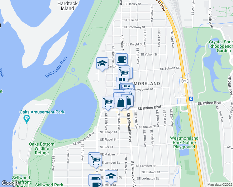 map of restaurants, bars, coffee shops, grocery stores, and more near 6541 Southeast 16th Avenue in Portland
