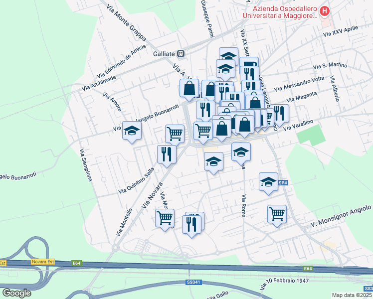 map of restaurants, bars, coffee shops, grocery stores, and more near 85-87 Viale Dante Alighieri in Galliate