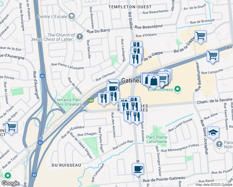 map of restaurants, bars, coffee shops, grocery stores, and more near 1100 Boulevard Maloney Ouest in Gatineau