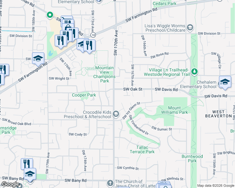 map of restaurants, bars, coffee shops, grocery stores, and more near 6150 Southwest 170th Avenue in Beaverton