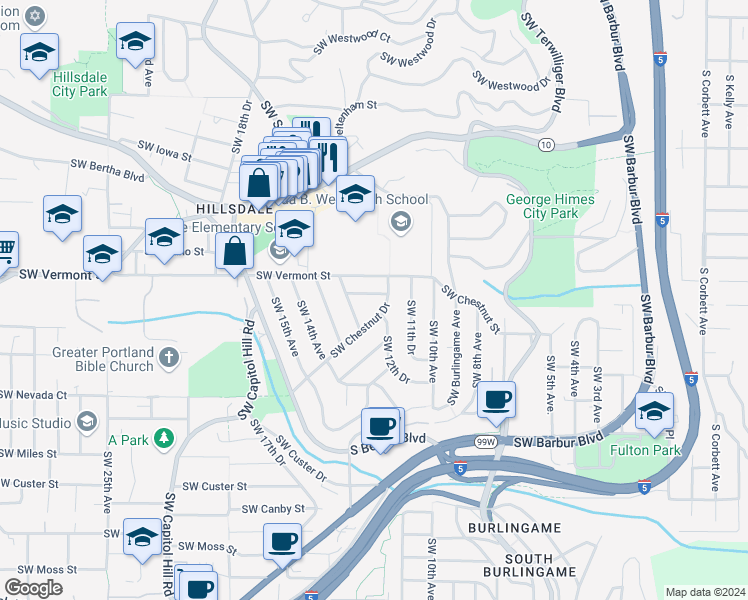 map of restaurants, bars, coffee shops, grocery stores, and more near 1144 Southwest Florida Street in Portland