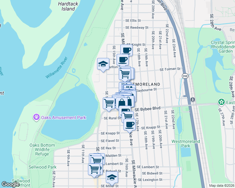 map of restaurants, bars, coffee shops, grocery stores, and more near 6541 Southeast 16th Avenue in Portland