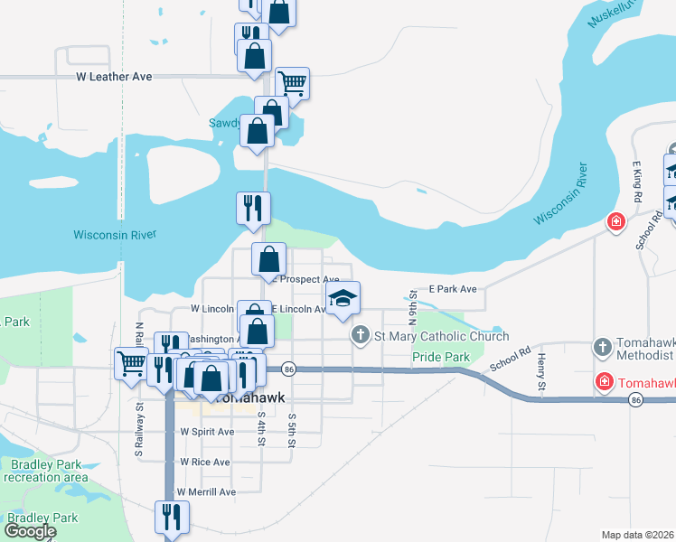 map of restaurants, bars, coffee shops, grocery stores, and more near 215 East Prospect Avenue in Tomahawk