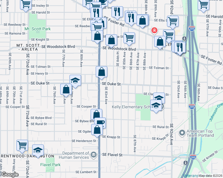 map of restaurants, bars, coffee shops, grocery stores, and more near 6512 Southeast 84th Avenue in Portland