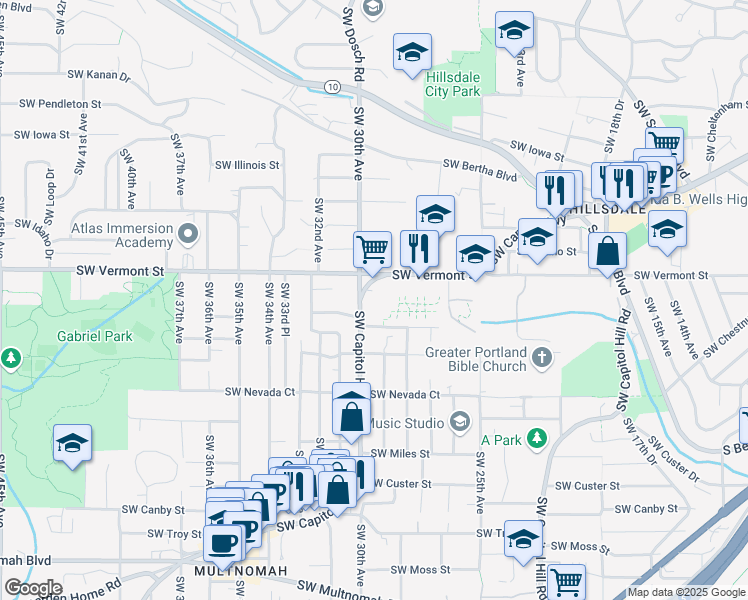 map of restaurants, bars, coffee shops, grocery stores, and more near 6740 Southwest Capitol Highway in Portland
