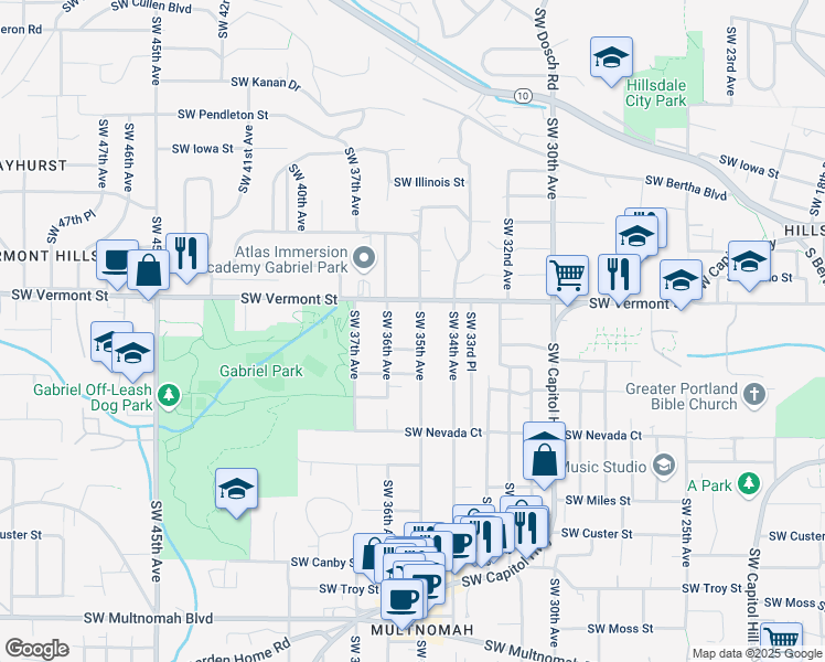 map of restaurants, bars, coffee shops, grocery stores, and more near 6731 Southwest 35th Avenue in Portland
