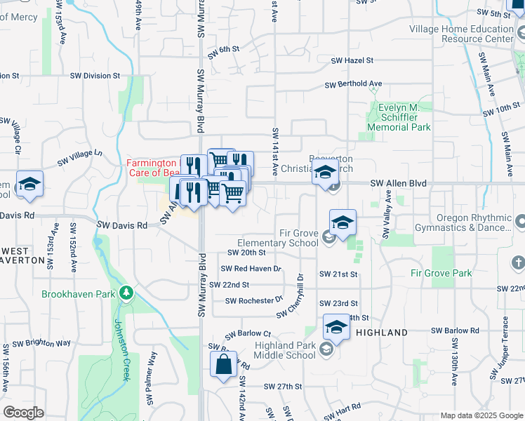 map of restaurants, bars, coffee shops, grocery stores, and more near 14186 Southwest Allen Boulevard in Beaverton