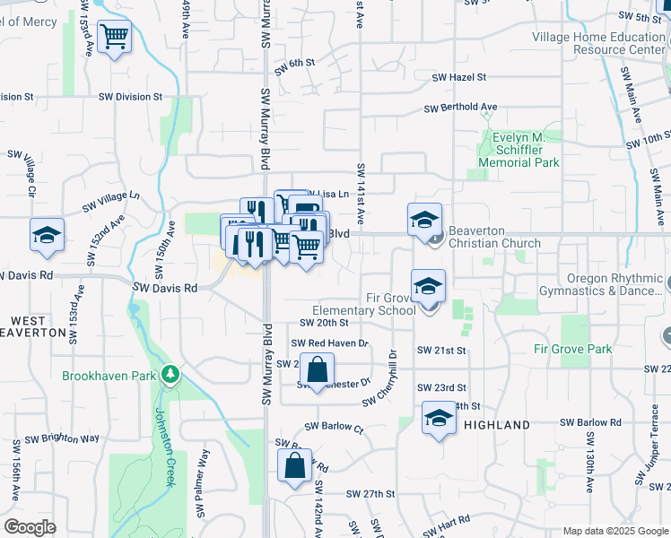 map of restaurants, bars, coffee shops, grocery stores, and more near 14186 Southwest Allen Boulevard in Beaverton