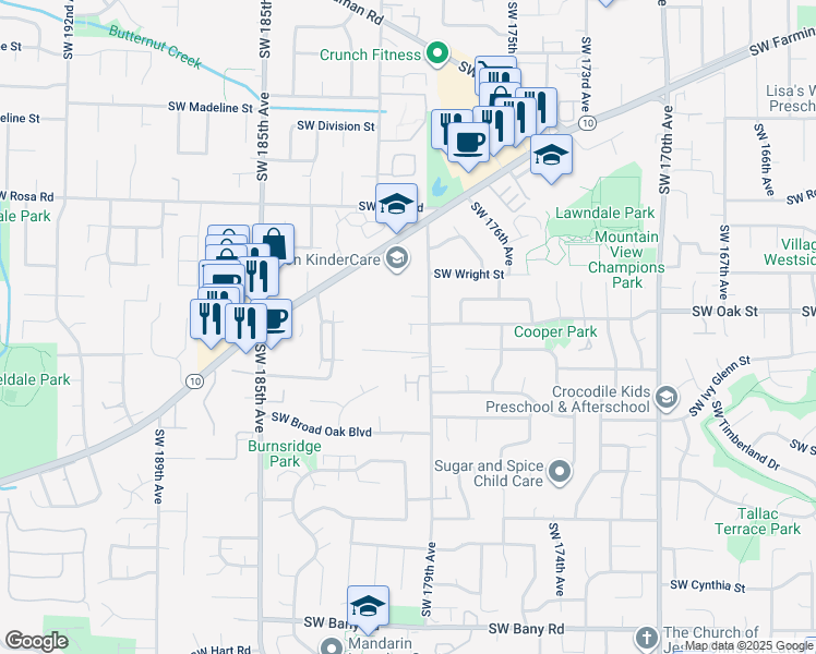map of restaurants, bars, coffee shops, grocery stores, and more near 17954 Southwest Oak Street in Beaverton