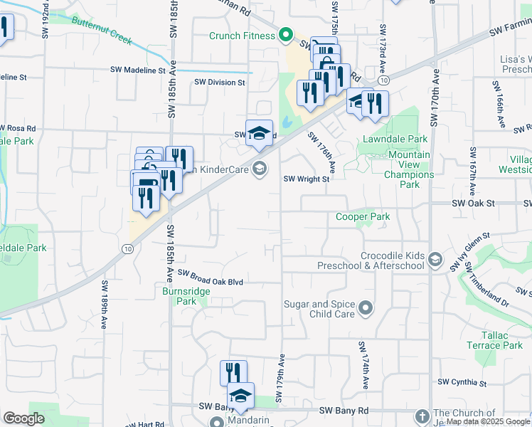 map of restaurants, bars, coffee shops, grocery stores, and more near 17954 Southwest Oak Street in Beaverton