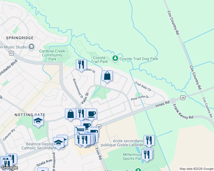 map of restaurants, bars, coffee shops, grocery stores, and more near 2304 Glandriel Crescent in Ottawa