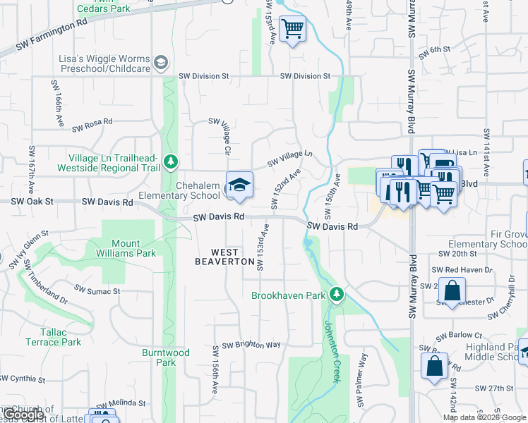 map of restaurants, bars, coffee shops, grocery stores, and more near 15270 Southwest Springdale Court in Beaverton