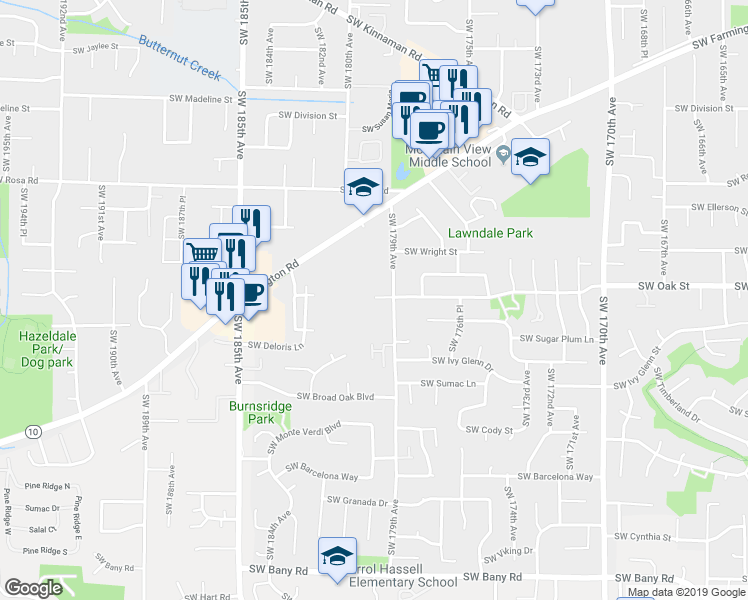 map of restaurants, bars, coffee shops, grocery stores, and more near 17954 Southwest Oak Street in Beaverton