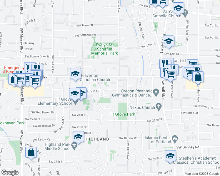 map of restaurants, bars, coffee shops, grocery stores, and more near 13317 Southwest 17th Street in Beaverton