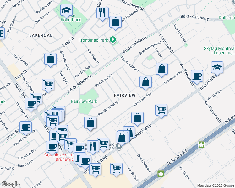 map of restaurants, bars, coffee shops, grocery stores, and more near in Dollard-Des Ormeaux