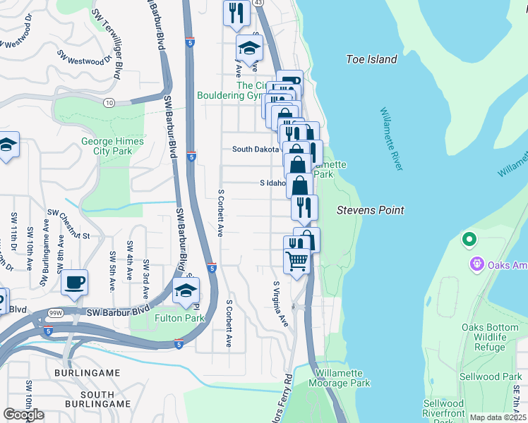 map of restaurants, bars, coffee shops, grocery stores, and more near 0421 Southwest Florida Street in Portland
