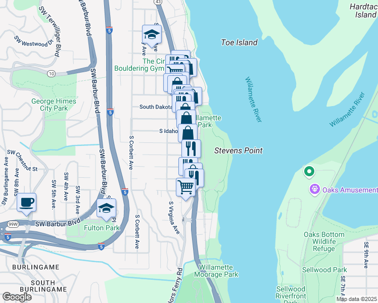 map of restaurants, bars, coffee shops, grocery stores, and more near 6733-6767 South Macadam Avenue in Portland
