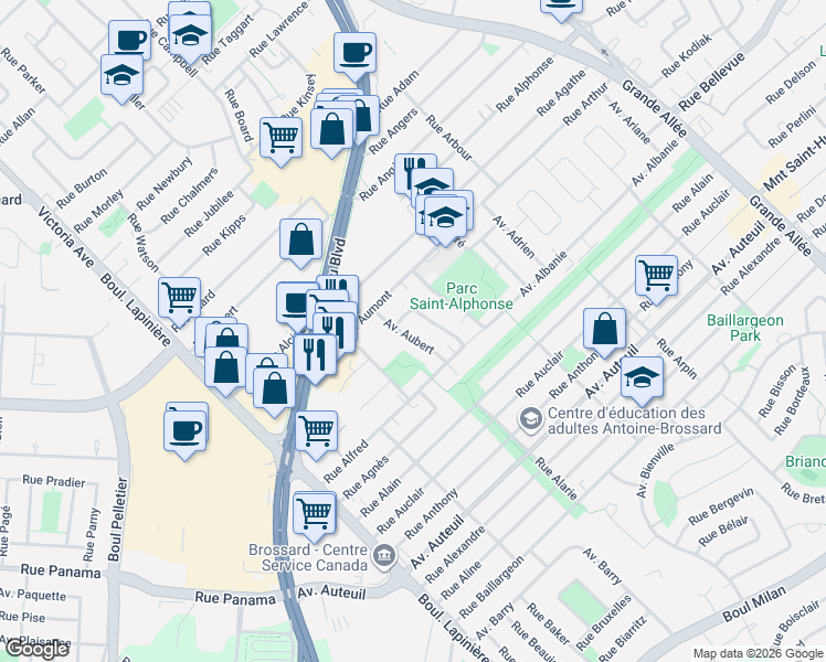 map of restaurants, bars, coffee shops, grocery stores, and more near 2475 Avenue Aubert in Brossard
