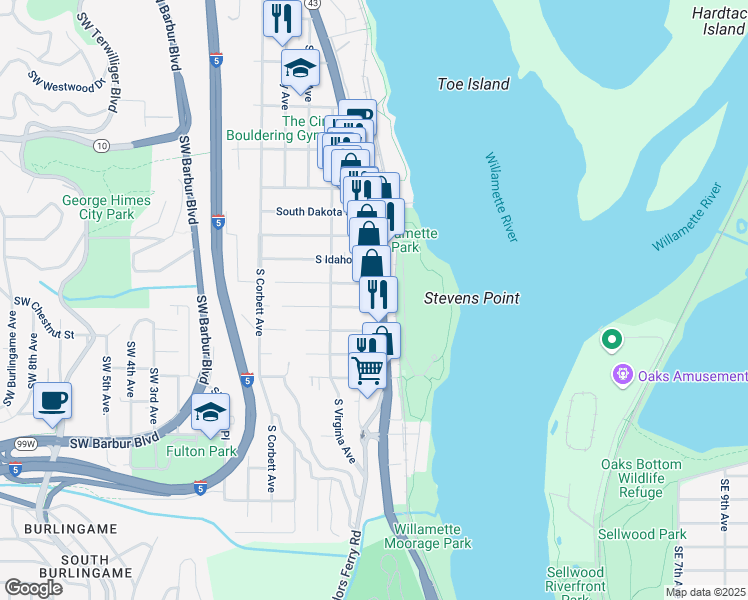 map of restaurants, bars, coffee shops, grocery stores, and more near 6733 South Macadam Avenue in Portland