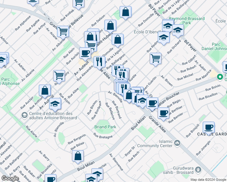 map of restaurants, bars, coffee shops, grocery stores, and more near 5660 Avenue Bienville in Brossard