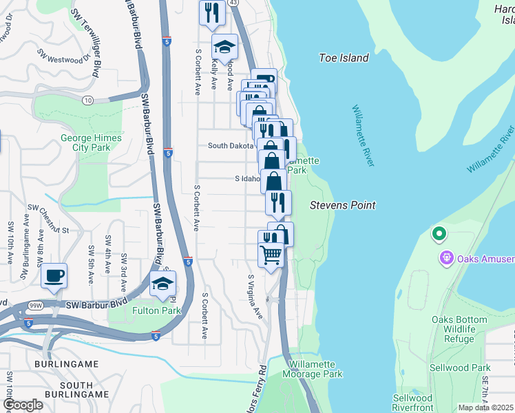 map of restaurants, bars, coffee shops, grocery stores, and more near 0539 Southwest Florida Street in Portland