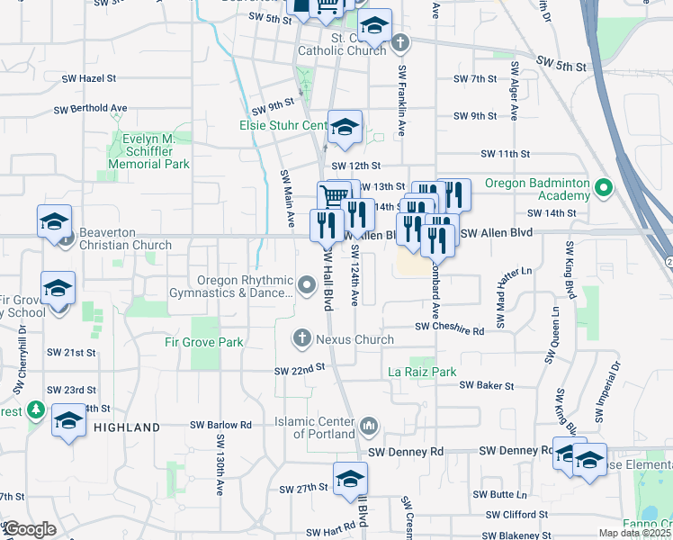 map of restaurants, bars, coffee shops, grocery stores, and more near 6140 Southwest Hall Boulevard in Beaverton