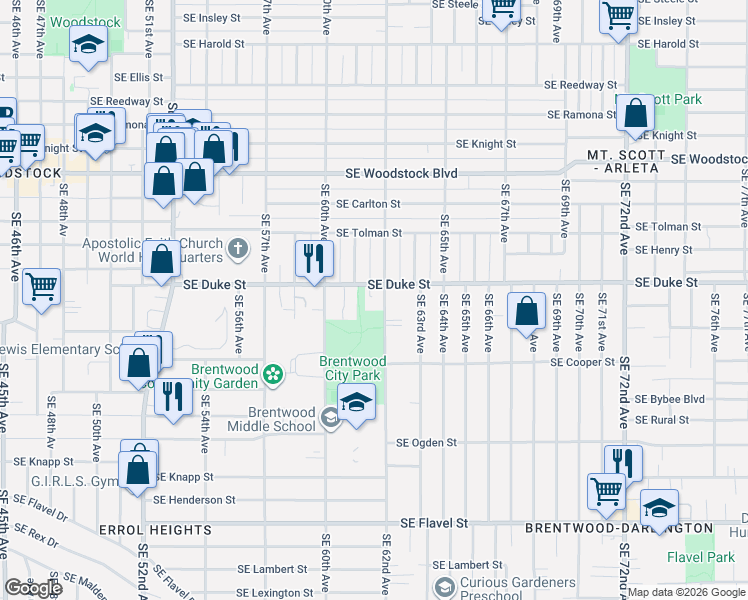 map of restaurants, bars, coffee shops, grocery stores, and more near 6148 Southeast Duke Street in Portland