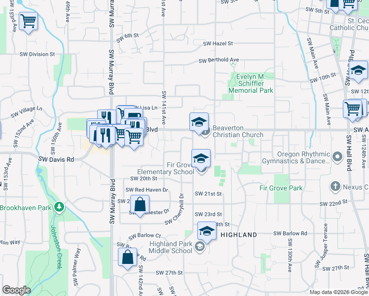 map of restaurants, bars, coffee shops, grocery stores, and more near 6145 Southwest Cherryhill Drive in Beaverton