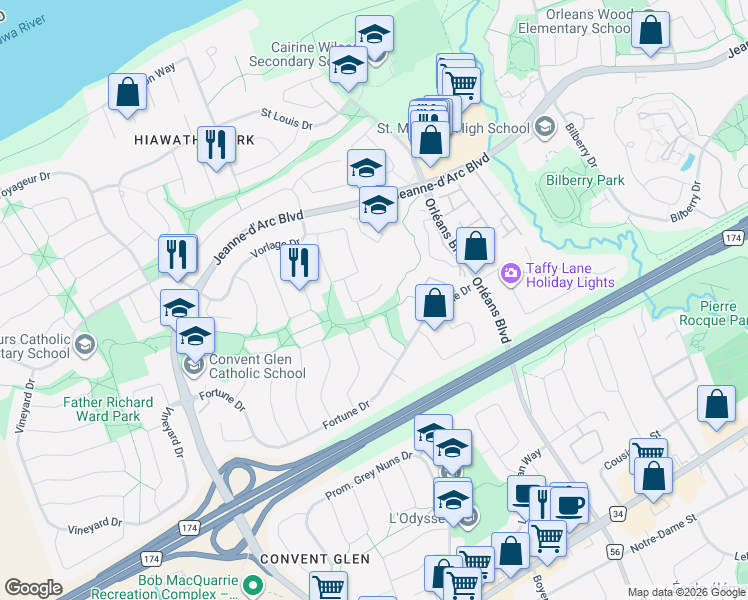 map of restaurants, bars, coffee shops, grocery stores, and more near 6426 Bernice Court in Ottawa