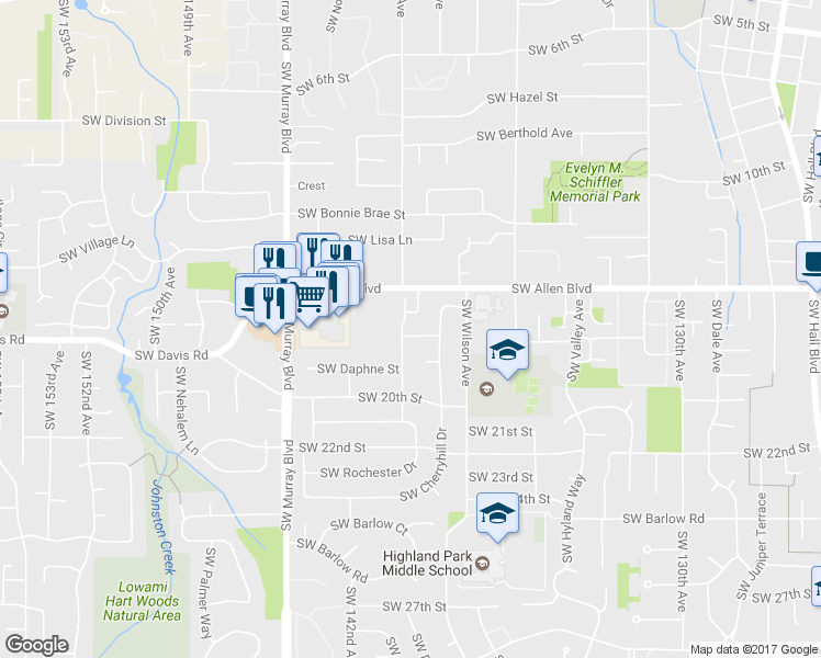 map of restaurants, bars, coffee shops, grocery stores, and more near 13995 Southwest Spirea Street in Beaverton
