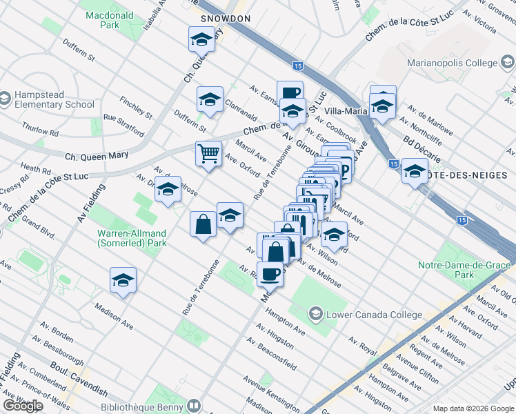 map of restaurants, bars, coffee shops, grocery stores, and more near 4471 Avenue Wilson in Montréal