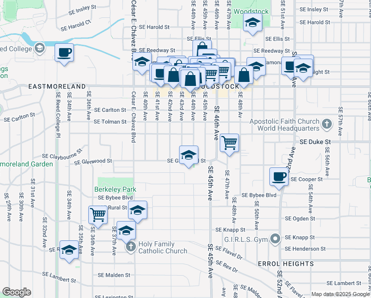 map of restaurants, bars, coffee shops, grocery stores, and more near 6515 Southeast 44th Avenue in Portland