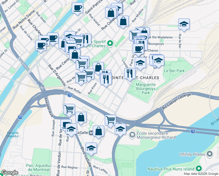 map of restaurants, bars, coffee shops, grocery stores, and more near 735 Rue Charlevoix in Montréal