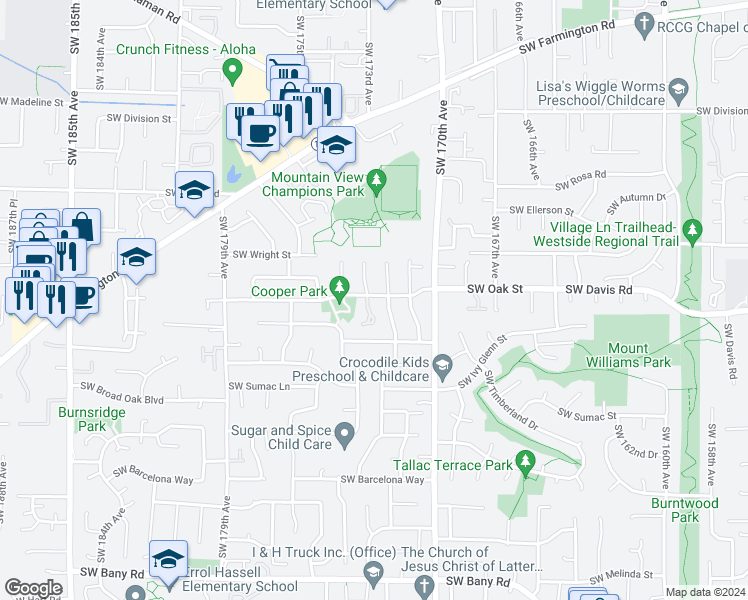 map of restaurants, bars, coffee shops, grocery stores, and more near 17270 Southwest Oak Street in Aloha