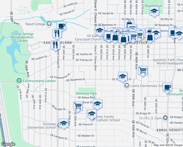 map of restaurants, bars, coffee shops, grocery stores, and more near 6538 Southeast 38th Avenue in Portland