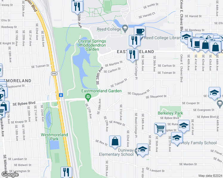 map of restaurants, bars, coffee shops, grocery stores, and more near 6519 Southeast 30th Avenue in Portland